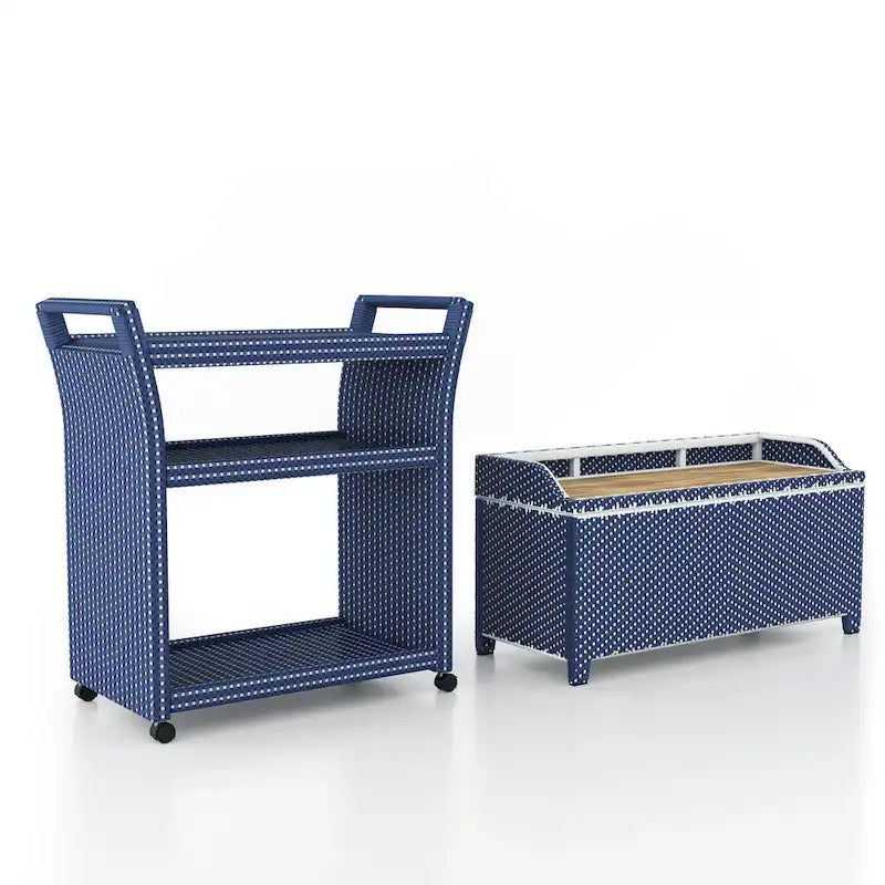 Banc de rangement 2 pièces et chariot de service Courtnie Beach Navy Wicker de Furniture of America