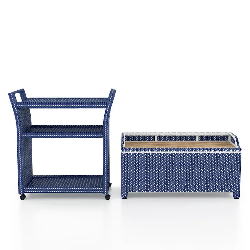 Banc de rangement 2 pièces et chariot de service Courtnie Beach Navy Wicker de Furniture of America