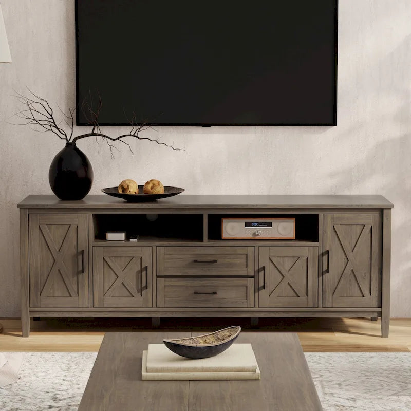 Meuble TV/multimédia de style transitionnel en bois massif, 182 cm de large, couleur brun fumé, pour téléviseurs jusqu'à 203 cm, modèle WYNDENHALL Cantina