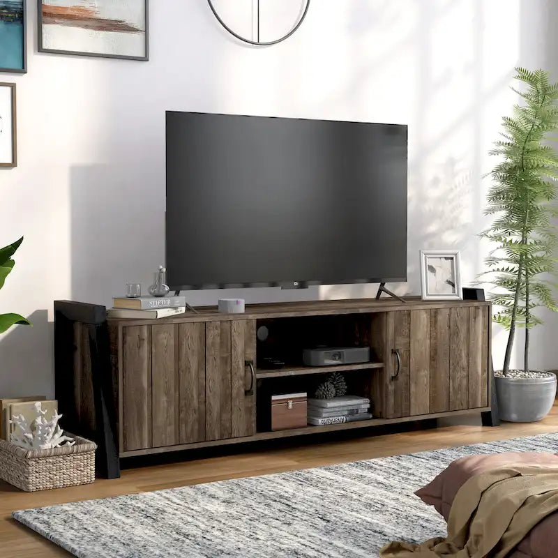 Meuble TV Carson Farmhouse en chêne recyclé 66 pouces à 6 étagères