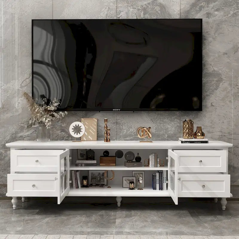 Meuble TV moderne blanc avec portes en verre et tiroirs console de divertissement - 70.9