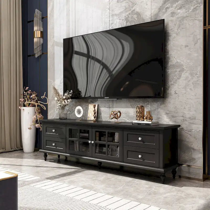Meuble TV moderne blanc avec portes en verre et tiroirs console de divertissement - 70.9