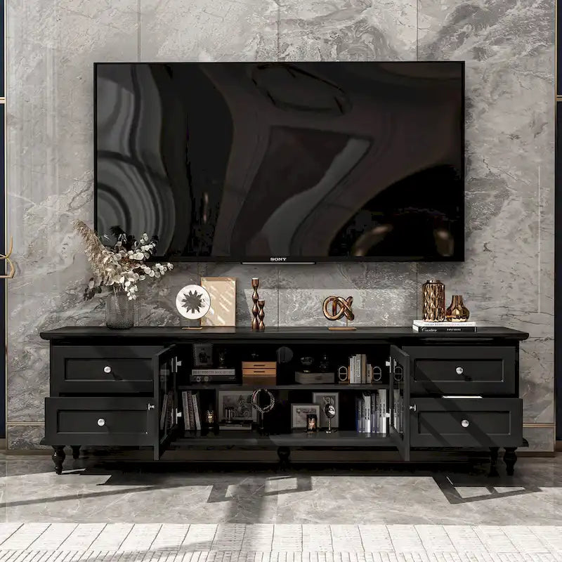 Meuble TV moderne blanc avec portes en verre et tiroirs console de divertissement - 70.9
