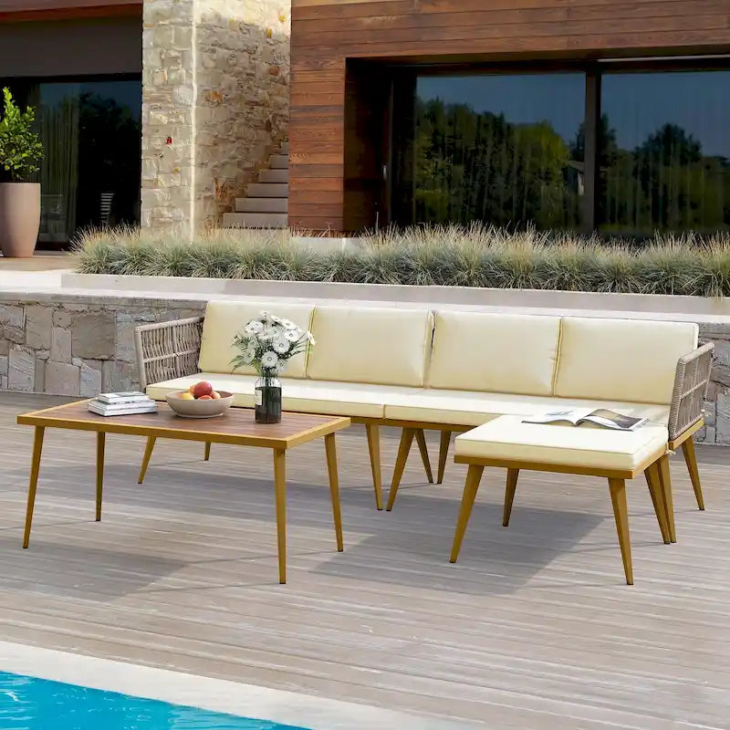 Salon de jardin 4 pièces Moasis en rotin en forme de L avec coussins et table d'appoint