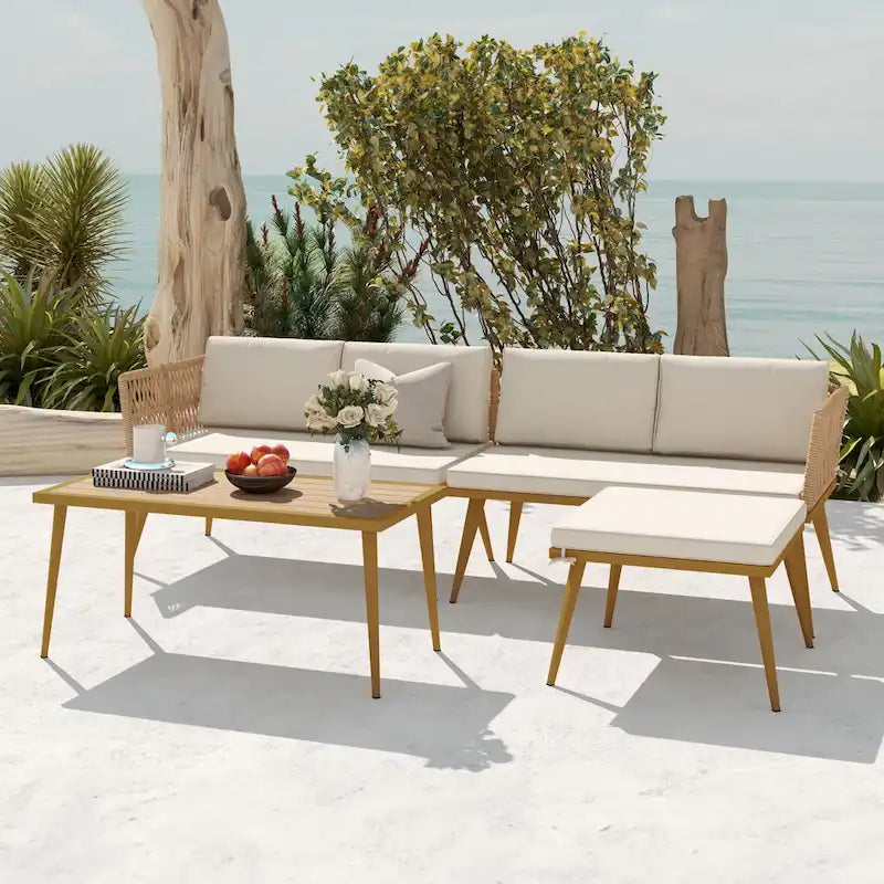 Salon de jardin 4 pièces Moasis en rotin en forme de L avec coussins et table d'appoint