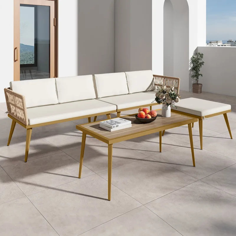 Salon de jardin 4 pièces Moasis en rotin en forme de L avec coussins et table d'appoint
