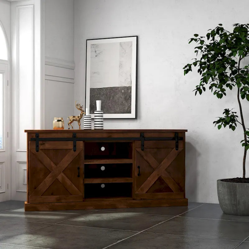 Meuble TV d'angle Bridgevine Home Farmhouse 66 pouces pour téléviseurs jusqu'à 80 pouces, aucun assemblage requis, finition vieillie whiskey