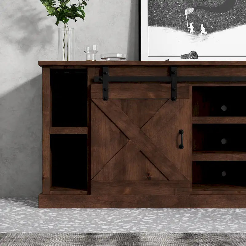 Meuble TV d'angle Bridgevine Home Farmhouse 66 pouces pour téléviseurs jusqu'à 80 pouces, aucun assemblage requis, finition vieillie whiskey
