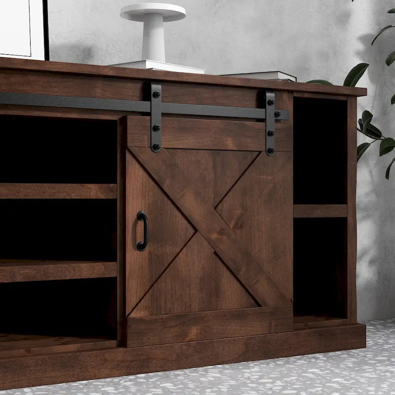 Meuble TV d'angle Bridgevine Home Farmhouse 66 pouces pour téléviseurs jusqu'à 80 pouces, aucun assemblage requis, finition vieillie whiskey