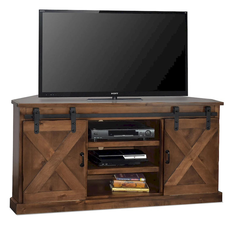 Meuble TV d'angle Bridgevine Home Farmhouse 66 pouces pour téléviseurs jusqu'à 80 pouces, aucun assemblage requis, finition vieillie whiskey