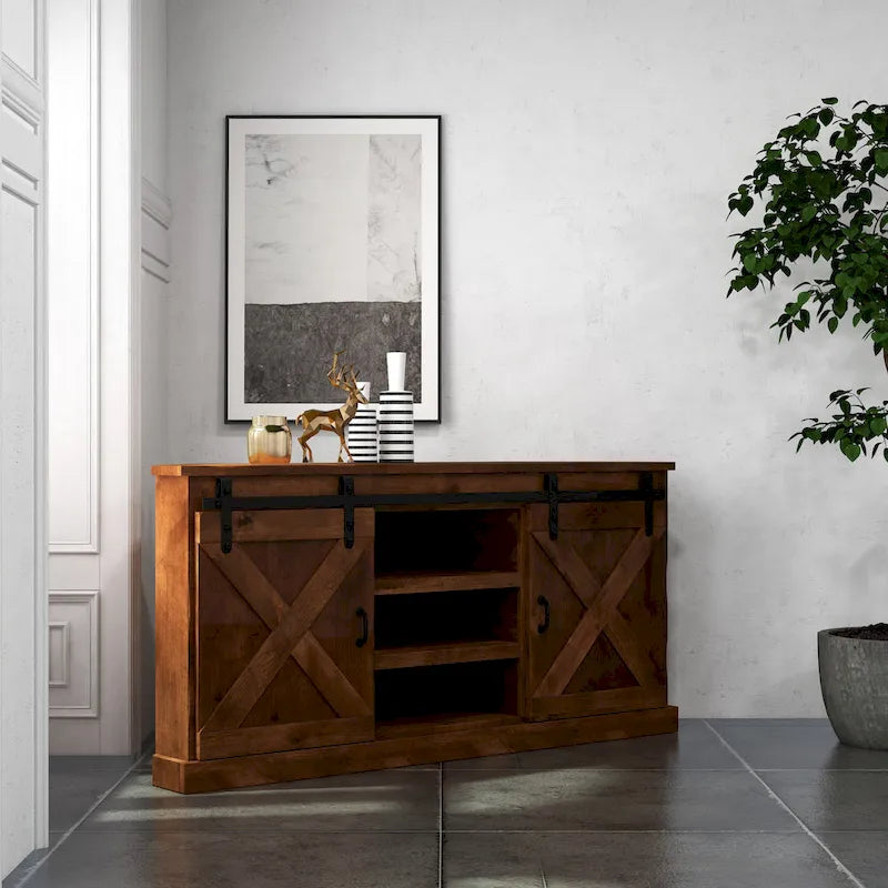 Meuble TV d'angle Bridgevine Home Farmhouse 66 pouces pour téléviseurs jusqu'à 80 pouces, aucun assemblage requis, finition vieillie whiskey