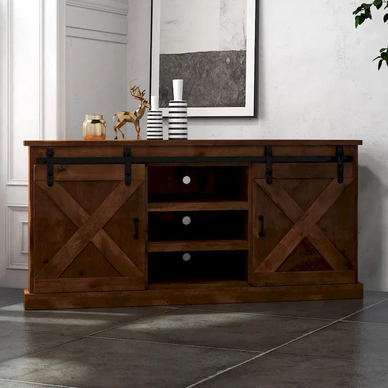 Meuble TV d'angle Bridgevine Home Farmhouse 66 pouces pour téléviseurs jusqu'à 80 pouces, aucun assemblage requis, finition vieillie whiskey