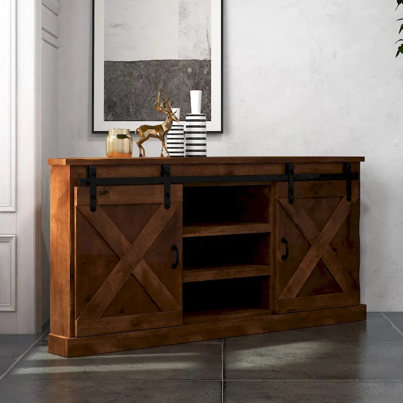 Meuble TV d'angle Bridgevine Home Farmhouse 66 pouces pour téléviseurs jusqu'à 80 pouces, aucun assemblage requis, finition vieillie whiskey