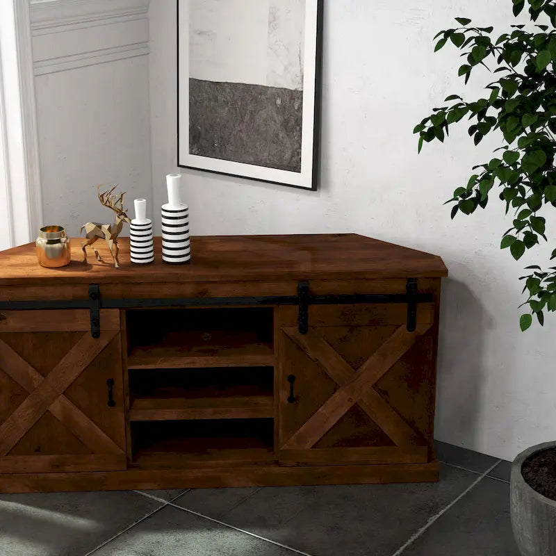 Meuble TV d'angle Bridgevine Home Farmhouse 66 pouces pour téléviseurs jusqu'à 80 pouces, aucun assemblage requis, finition vieillie whiskey