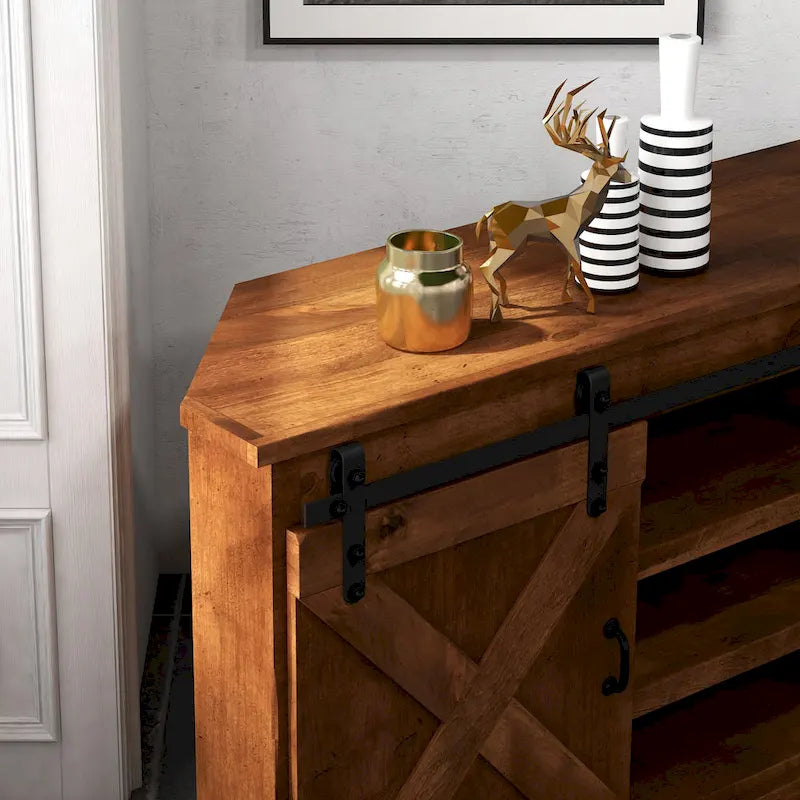 Meuble TV d'angle Bridgevine Home Farmhouse 66 pouces pour téléviseurs jusqu'à 80 pouces, aucun assemblage requis, finition vieillie whiskey