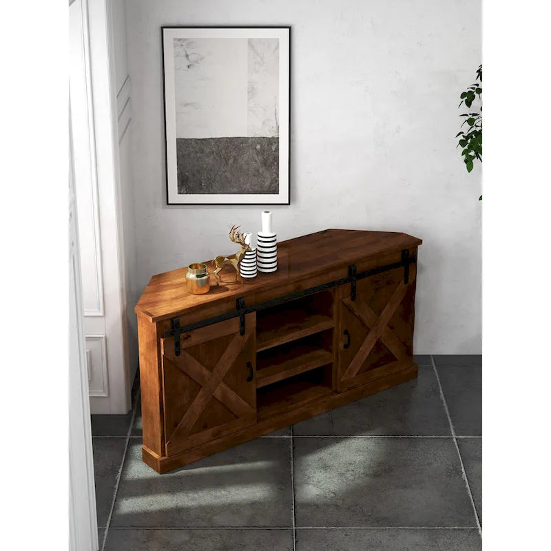 Meuble TV d'angle Bridgevine Home Farmhouse 66 pouces pour téléviseurs jusqu'à 80 pouces, aucun assemblage requis, finition vieillie whiskey
