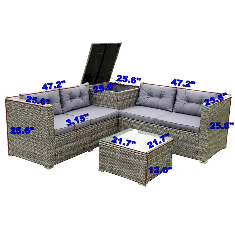 Ensemble de 4 pièces de mobilier d'extérieur en rotin avec canapé sectionnel et coffre de rangement