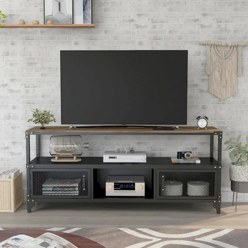Meuble TV Conner de 70 po en acier noir rustique et noyer foncé à 2 tablettes, par Furniture of America