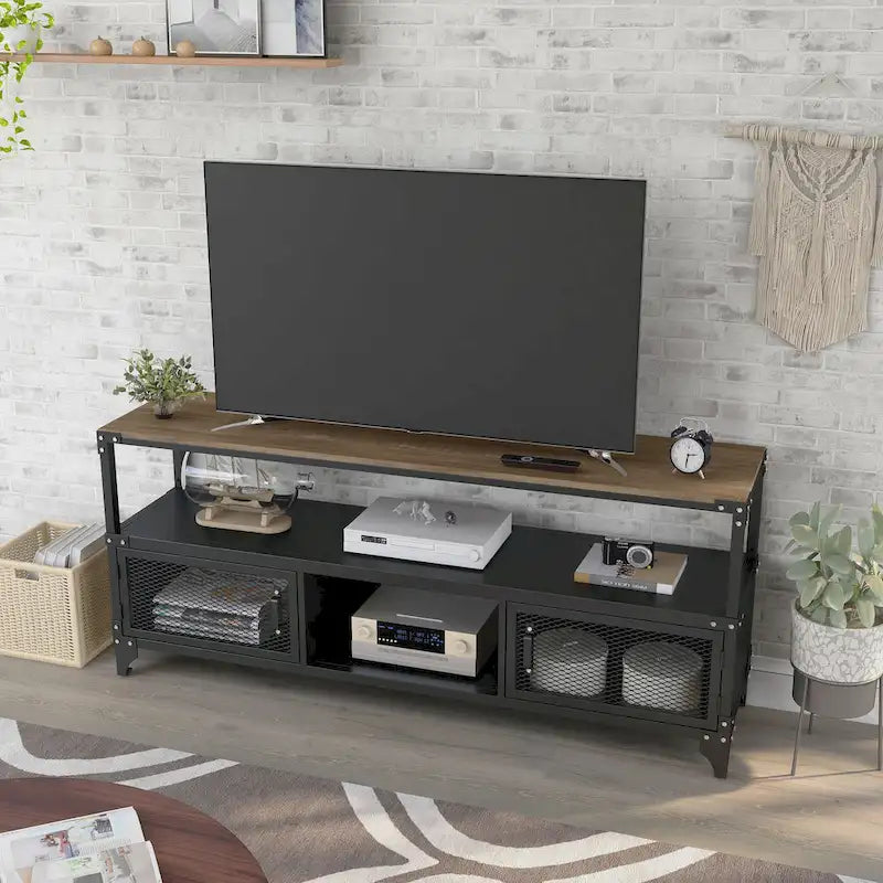 Meuble TV Conner de 70 po en acier noir rustique et noyer foncé à 2 tablettes, par Furniture of America