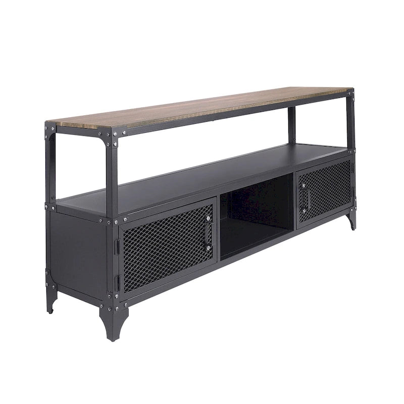 Meuble TV Conner de 70 po en acier noir rustique et noyer foncé à 2 tablettes, par Furniture of America