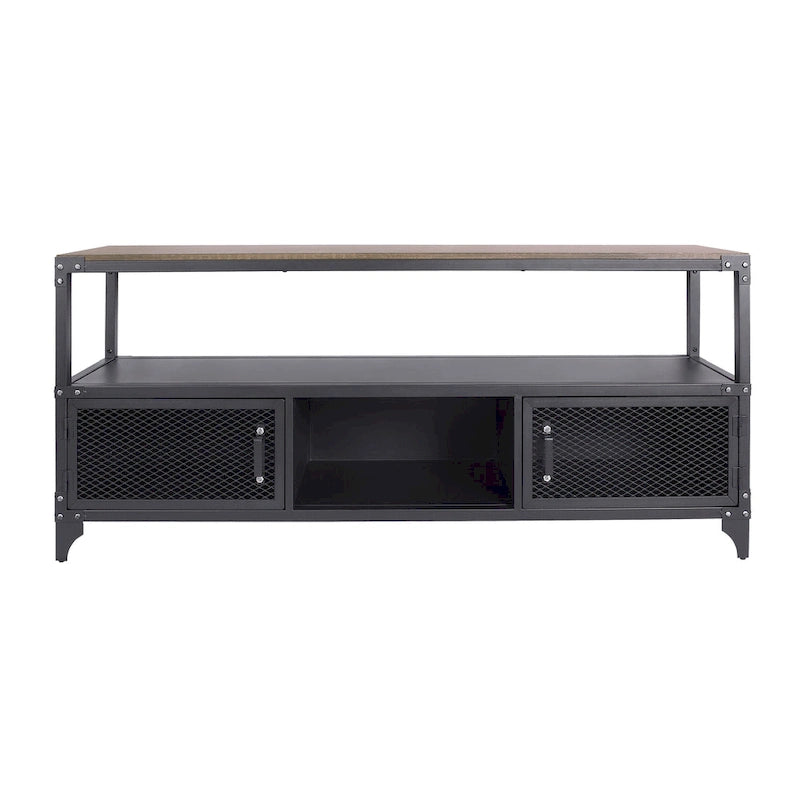 Meuble TV Conner de 70 po en acier noir rustique et noyer foncé à 2 tablettes, par Furniture of America