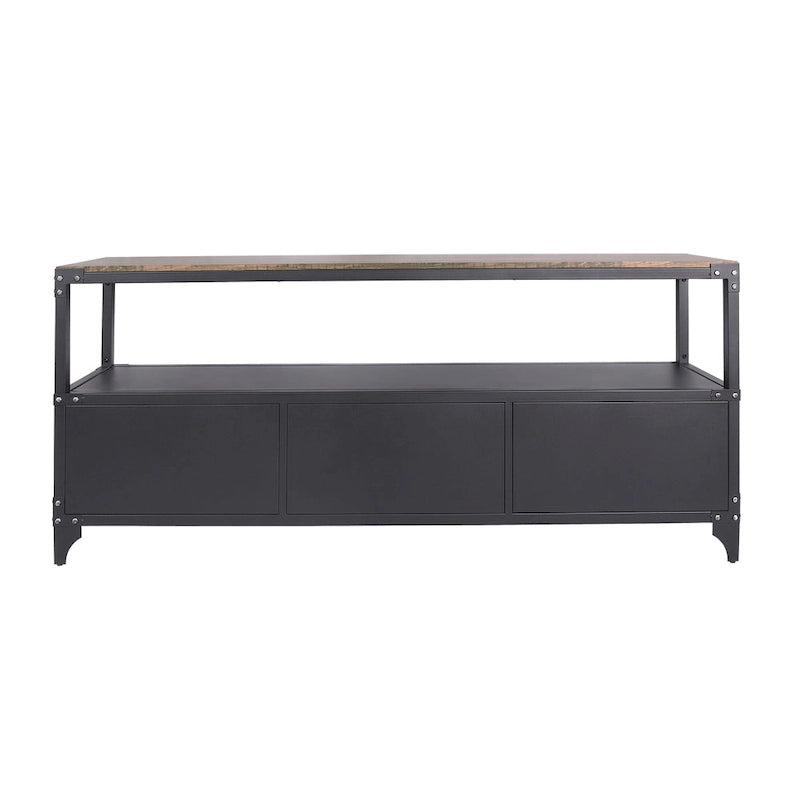 Meuble TV Conner de 70 po en acier noir rustique et noyer foncé à 2 tablettes, par Furniture of America