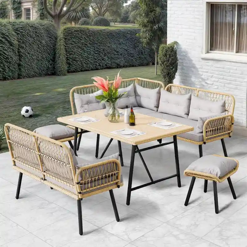 6PCS Patio Upholstered Wicker Sectional Set Outdoor Sofa - 91.3L x 69.7W x 32.3H