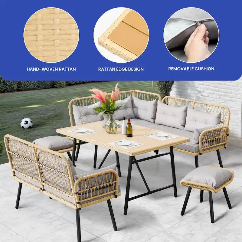 Ensemble de sectionnels d'extérieur 6 pièces en osier rembourré pour patio - 91,3 long. x 69,7 larg. x 32,3 haut.