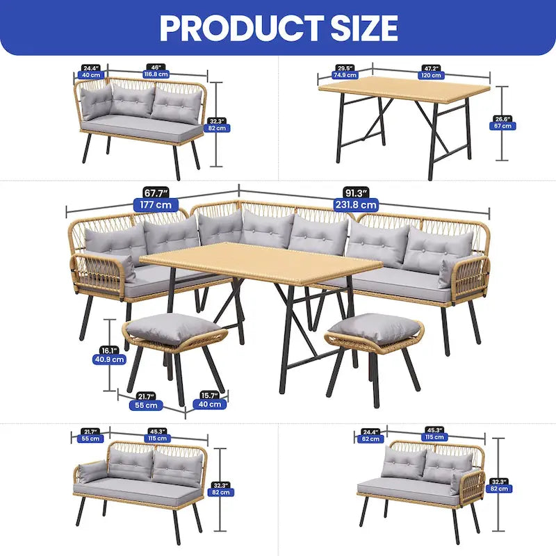 Ensemble de sectionnels d'extérieur 6 pièces en osier rembourré pour patio - 91,3 long. x 69,7 larg. x 32,3 haut.