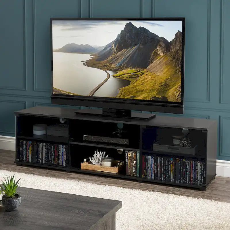 Meuble TV noir Fiji avec portes en verre, pour téléviseurs jusqu'à 85 pouces