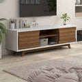 Meuble TV Denhour DH BASIC Mid-Century Modern Blanc et Noyer de 157 cm de large avec 6 étagères