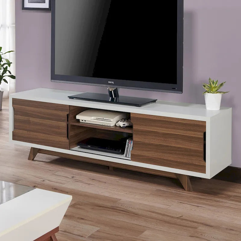 Meuble TV Denhour DH BASIC Mid-Century Modern Blanc et Noyer de 157 cm de large avec 6 étagères