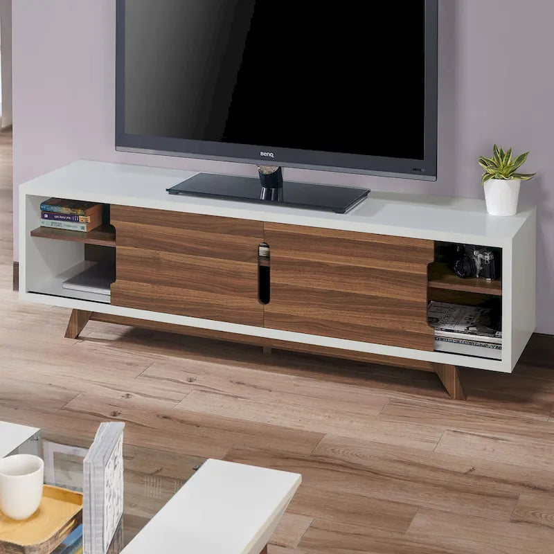 Meuble TV Denhour DH BASIC Mid-Century Modern Blanc et Noyer de 157 cm de large avec 6 étagères