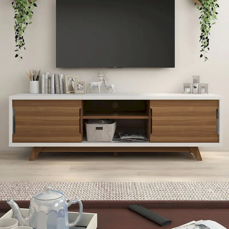 Meuble TV Denhour DH BASIC Mid-Century Modern Blanc et Noyer de 157 cm de large avec 6 étagères