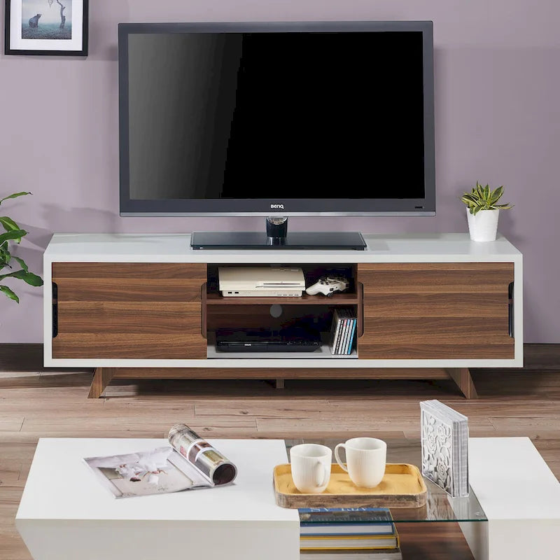 Meuble TV Denhour DH BASIC Mid-Century Modern Blanc et Noyer de 157 cm de large avec 6 étagères