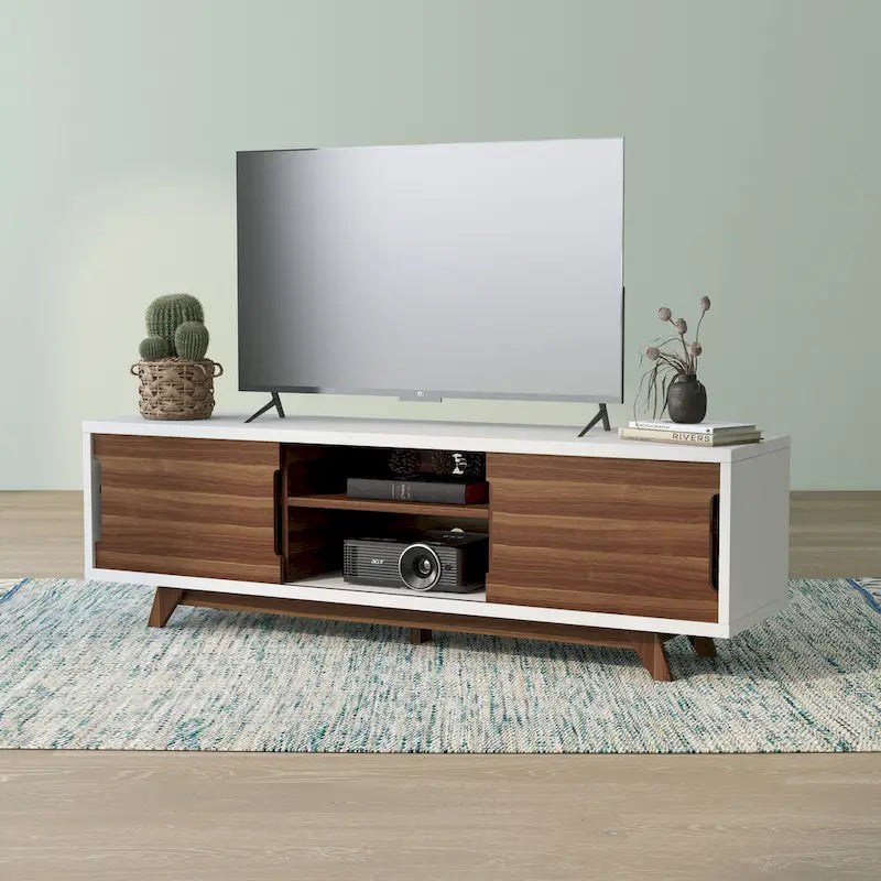 Meuble TV Denhour DH BASIC Mid-Century Modern Blanc et Noyer de 157 cm de large avec 6 étagères