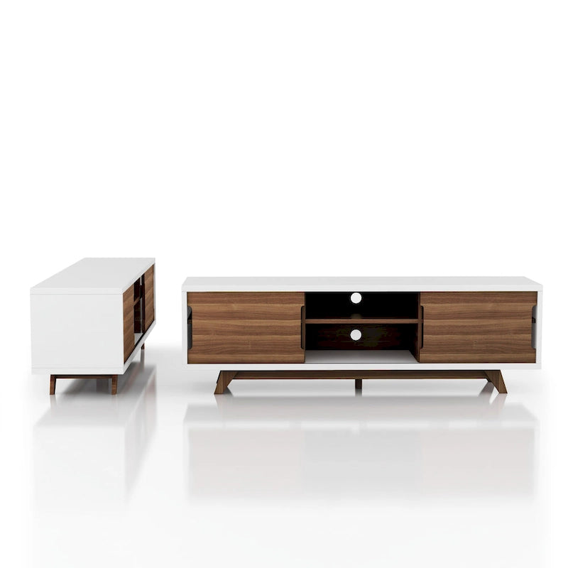 Meuble TV Denhour DH BASIC Mid-Century Modern Blanc et Noyer de 157 cm de large avec 6 étagères