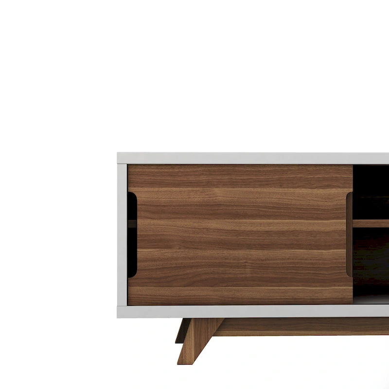 Meuble TV Denhour DH BASIC Mid-Century Modern Blanc et Noyer de 157 cm de large avec 6 étagères