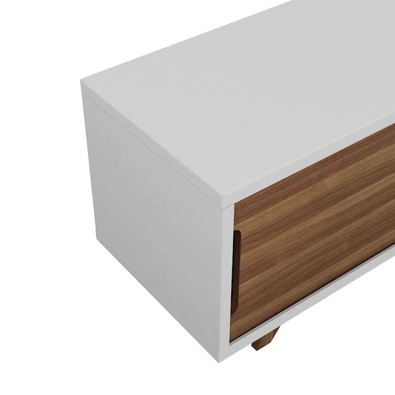Meuble TV Denhour DH BASIC Mid-Century Modern Blanc et Noyer de 157 cm de large avec 6 étagères