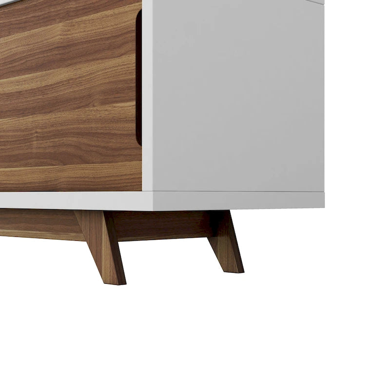 Meuble TV Denhour DH BASIC Mid-Century Modern Blanc et Noyer de 157 cm de large avec 6 étagères