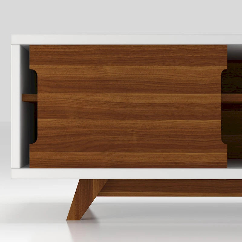 Meuble TV Denhour DH BASIC Mid-Century Modern Blanc et Noyer de 157 cm de large avec 6 étagères