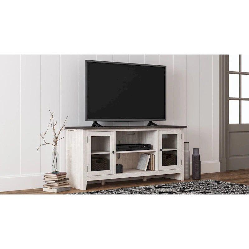 Meuble TV décontracté Dorrinson, grand, avec option foyer, blanc/marron