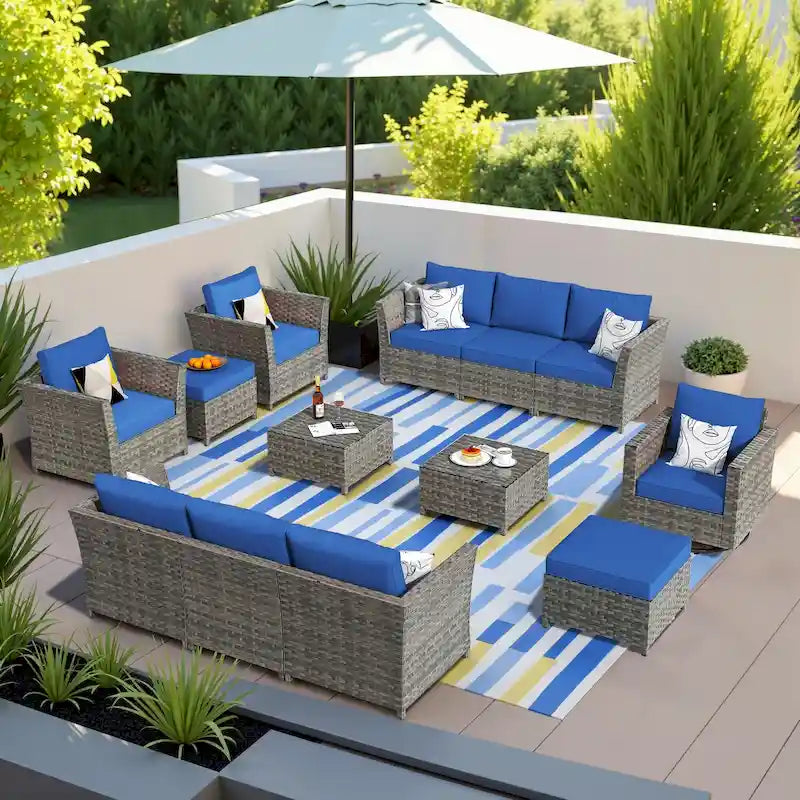 HOOOWOOO Ensemble de Meubles de Jardin Modulables en Rotin de 13 Pièces avec Fauteuil Pivotant