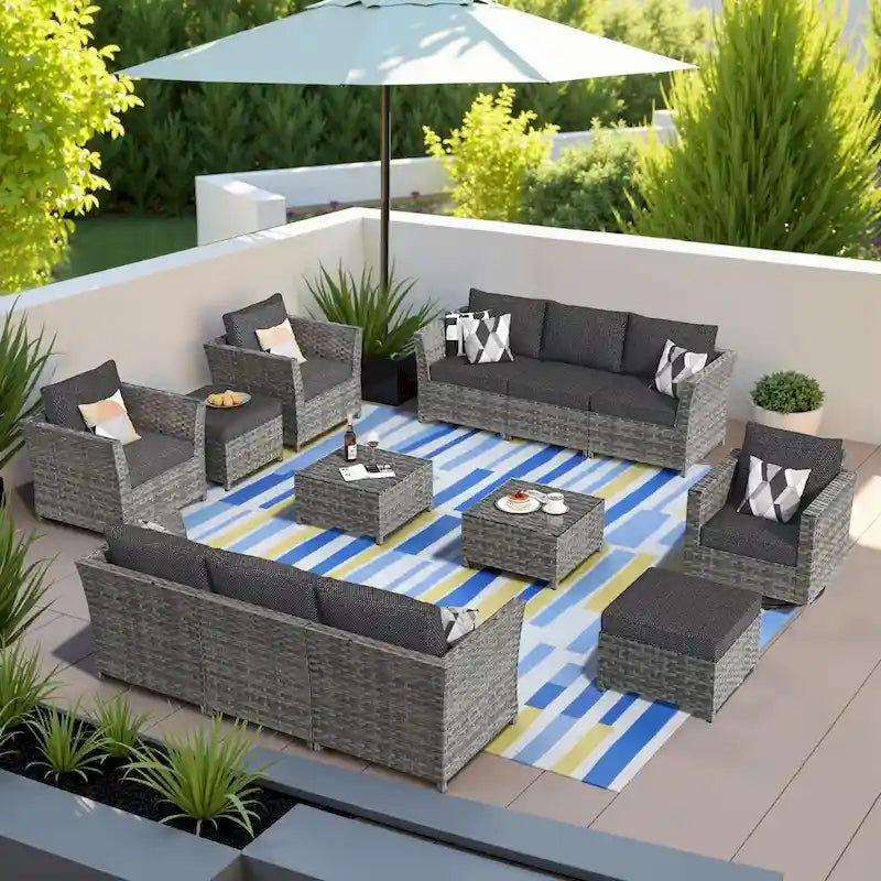 HOOOWOOO Ensemble de Meubles de Jardin Modulables en Rotin de 13 Pièces avec Fauteuil Pivotant