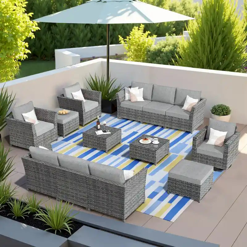 HOOOWOOO Ensemble de Meubles de Jardin Modulables en Rotin de 13 Pièces avec Fauteuil Pivotant