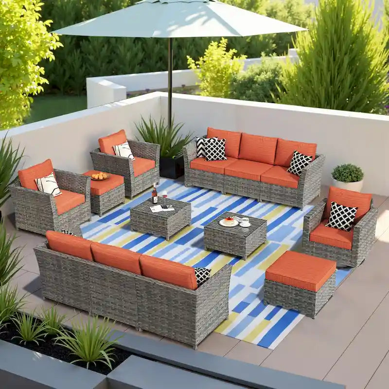 HOOOWOOO Ensemble de Meubles de Jardin Modulables en Rotin de 13 Pièces avec Fauteuil Pivotant