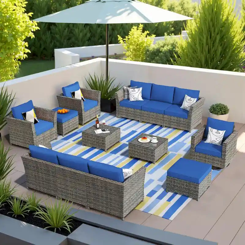 HOOOWOOO Ensemble de Meubles de Jardin Modulables en Rotin de 13 Pièces avec Fauteuil Pivotant