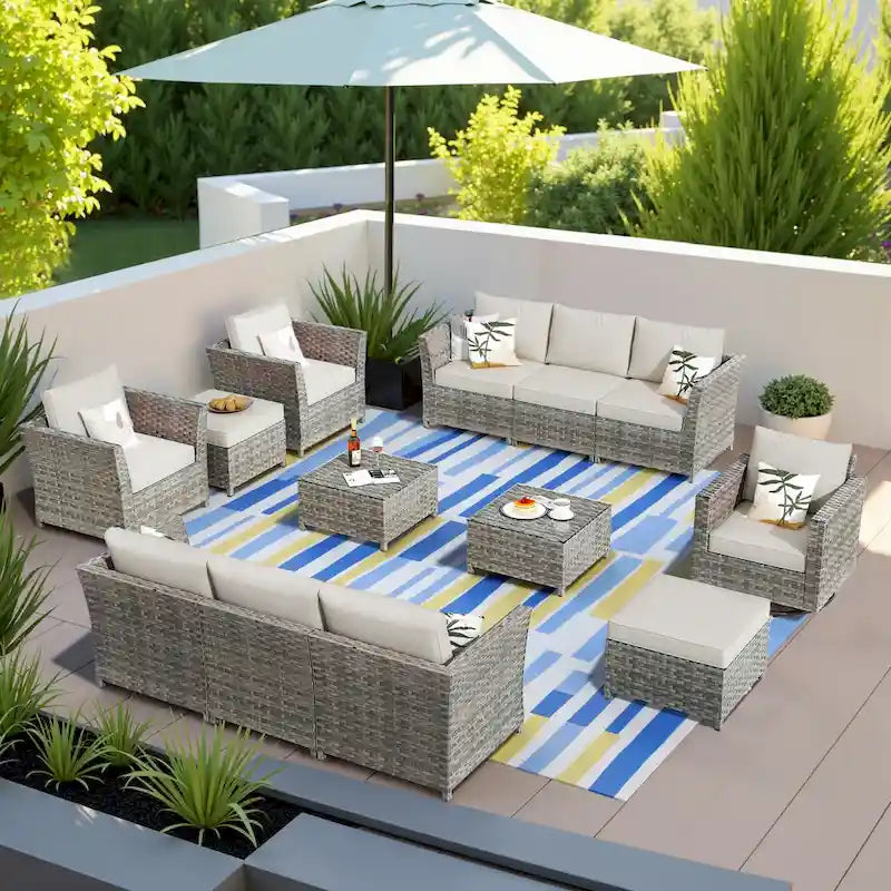 HOOOWOOO Ensemble de Meubles de Jardin Modulables en Rotin de 13 Pièces avec Fauteuil Pivotant