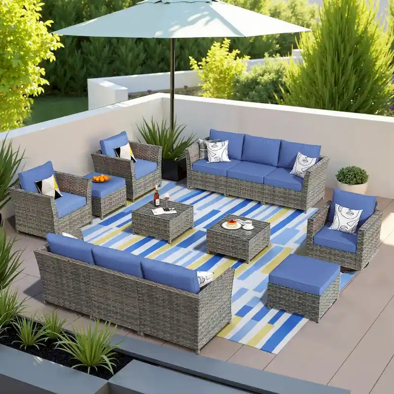 HOOOWOOO Ensemble de Meubles de Jardin Modulables en Rotin de 13 Pièces avec Fauteuil Pivotant