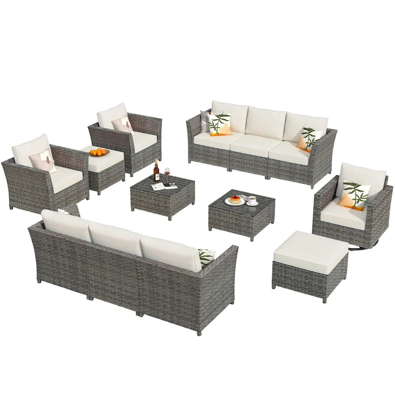 HOOOWOOO Ensemble de Meubles de Jardin Modulables en Rotin de 13 Pièces avec Fauteuil Pivotant